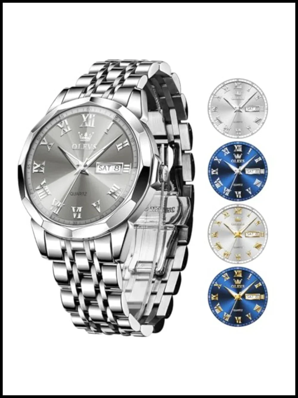 OLEVS Men's Luxury Waterproof Watch, Stainless Steel Bracelet, Roman Numerals,